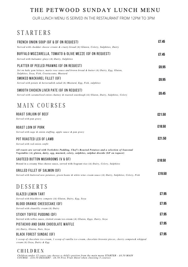 Front cover of Sunday Lunch Sample Menu